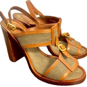 Tory Burch Open Toe Wooden Block Heel Slingback Shoes Size 8M